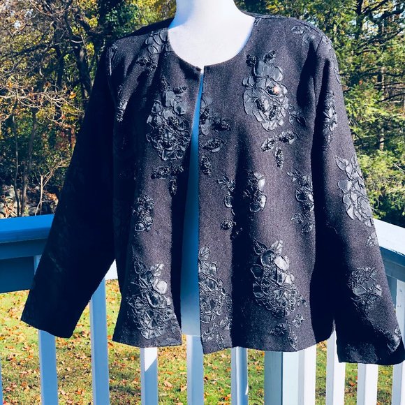 Kathy Cole Vintage Black Brocade Silken Embossed Flowers and Beads Sz 24 (XXL) - Picture 1 of 8